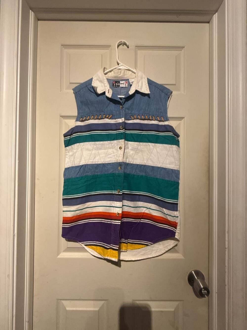 Vintage Kikomo Southwestern Aztec Striped Denim Sleeveless Button Up Shirt Top L